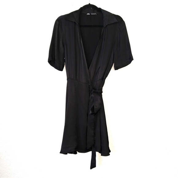 Zara Black Satin Collared Wrap Dress Size XS - Picture 2 of 8
